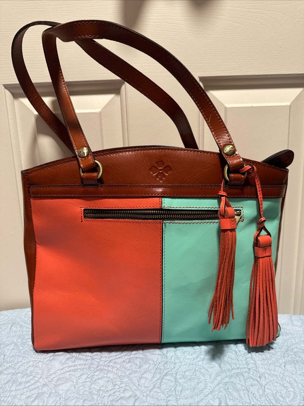 Patricia Nash Vintage Colorblock Poppy Leather Tote Handbag Coral Teal